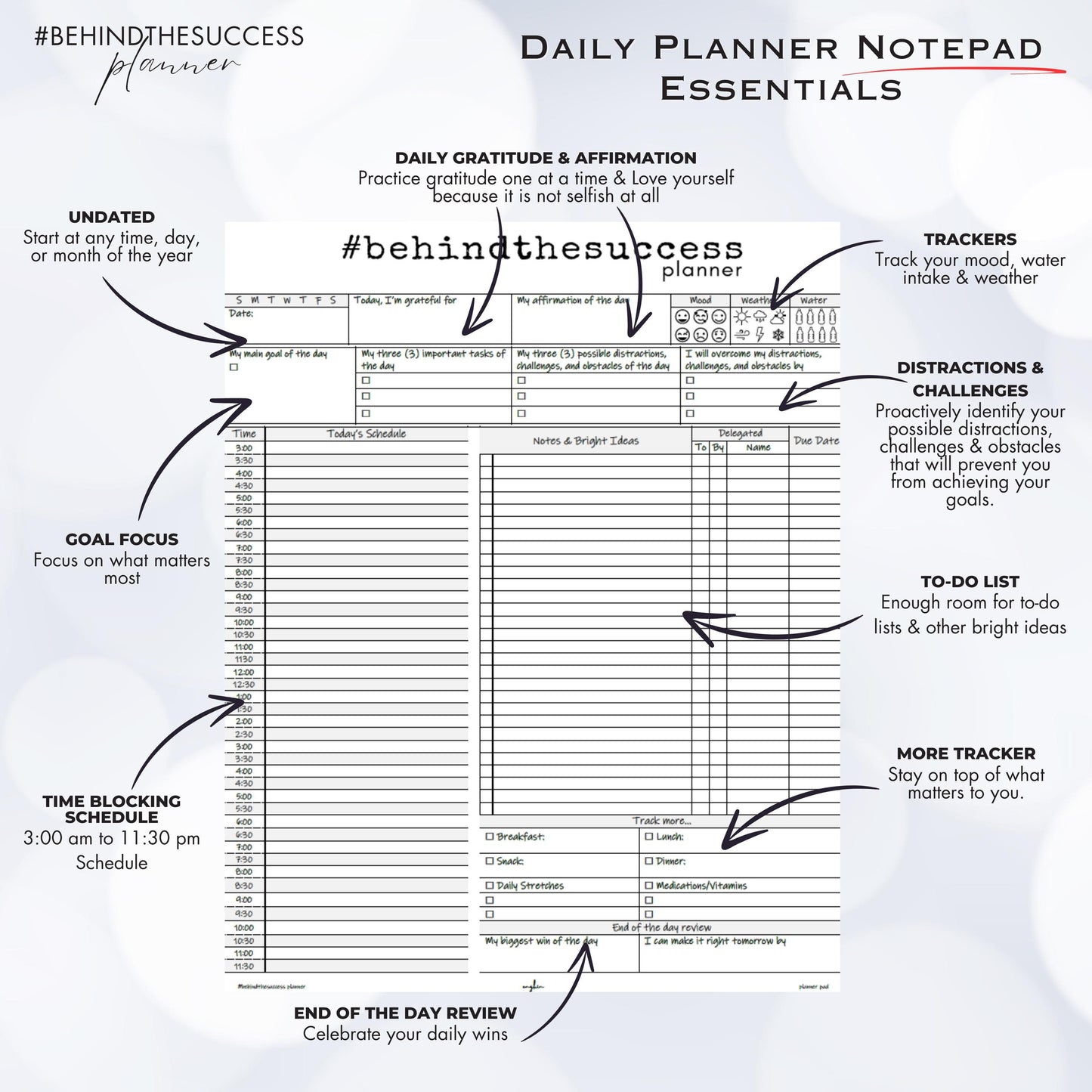 Daily planner notepad template with undated schedule, gratitude, to-do list, and productivity trackers.