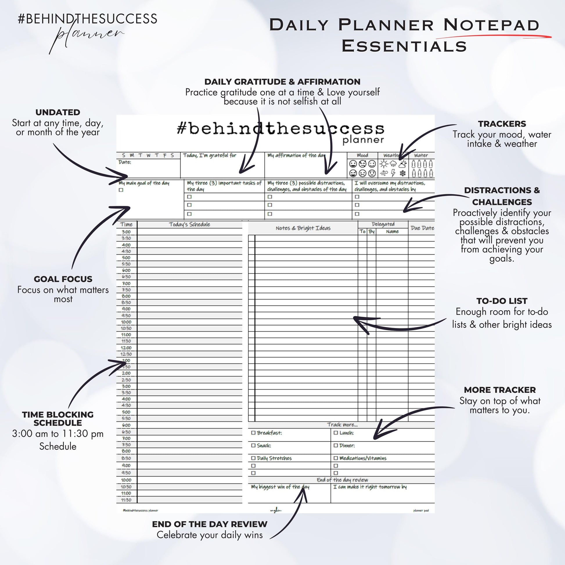 Daily planner notepad template with undated schedule, gratitude, to-do list, and productivity trackers.