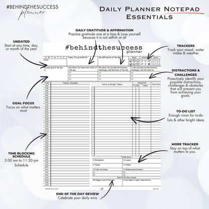 Daily planner notepad template with undated schedule, gratitude, to-do list, and productivity trackers.