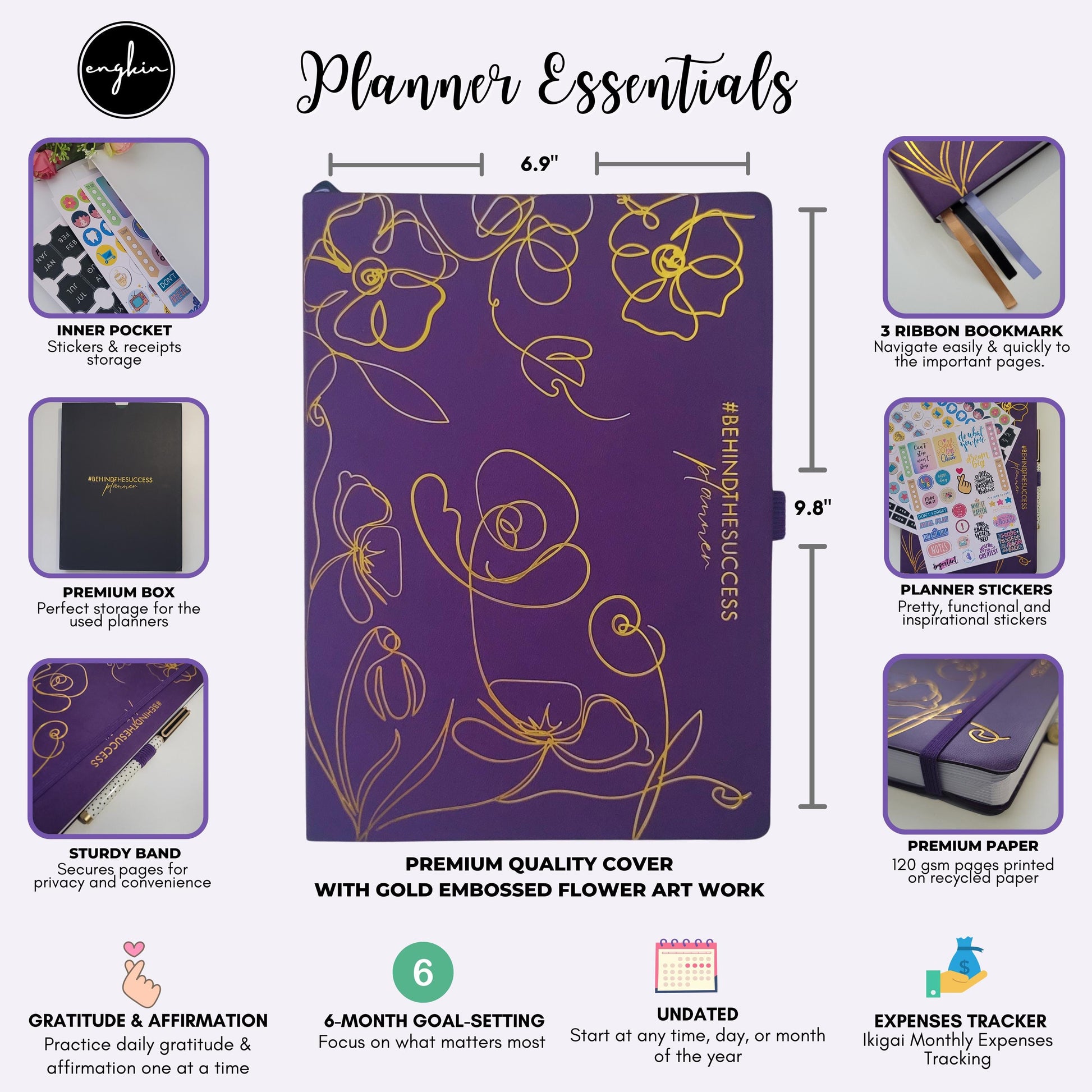 Purple undated productivity planner with gold floral design, ribbon bookmarks, inner pocket, planner stickers, and sturdy band, ideal for goal setting, gratitude, and expense tracking.