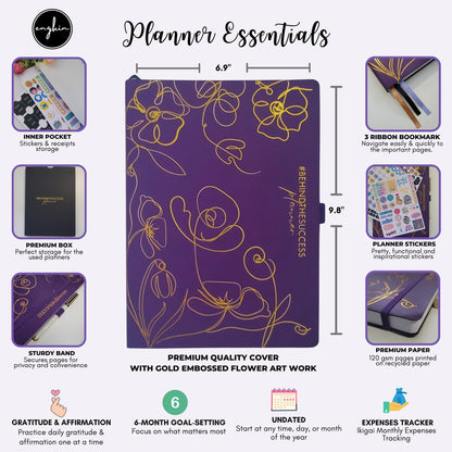 Purple undated productivity planner with gold floral design, ribbon bookmarks, inner pocket, planner stickers, and sturdy band, ideal for goal setting, gratitude, and expense tracking.