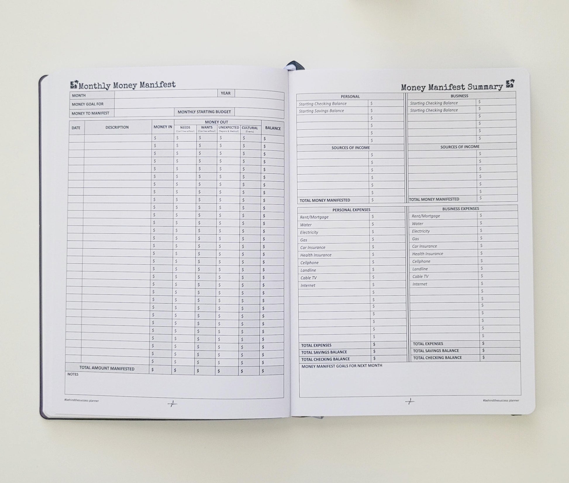 Open planner showing monthly money manifest and financial tracking pages for budgeting and expenses.
