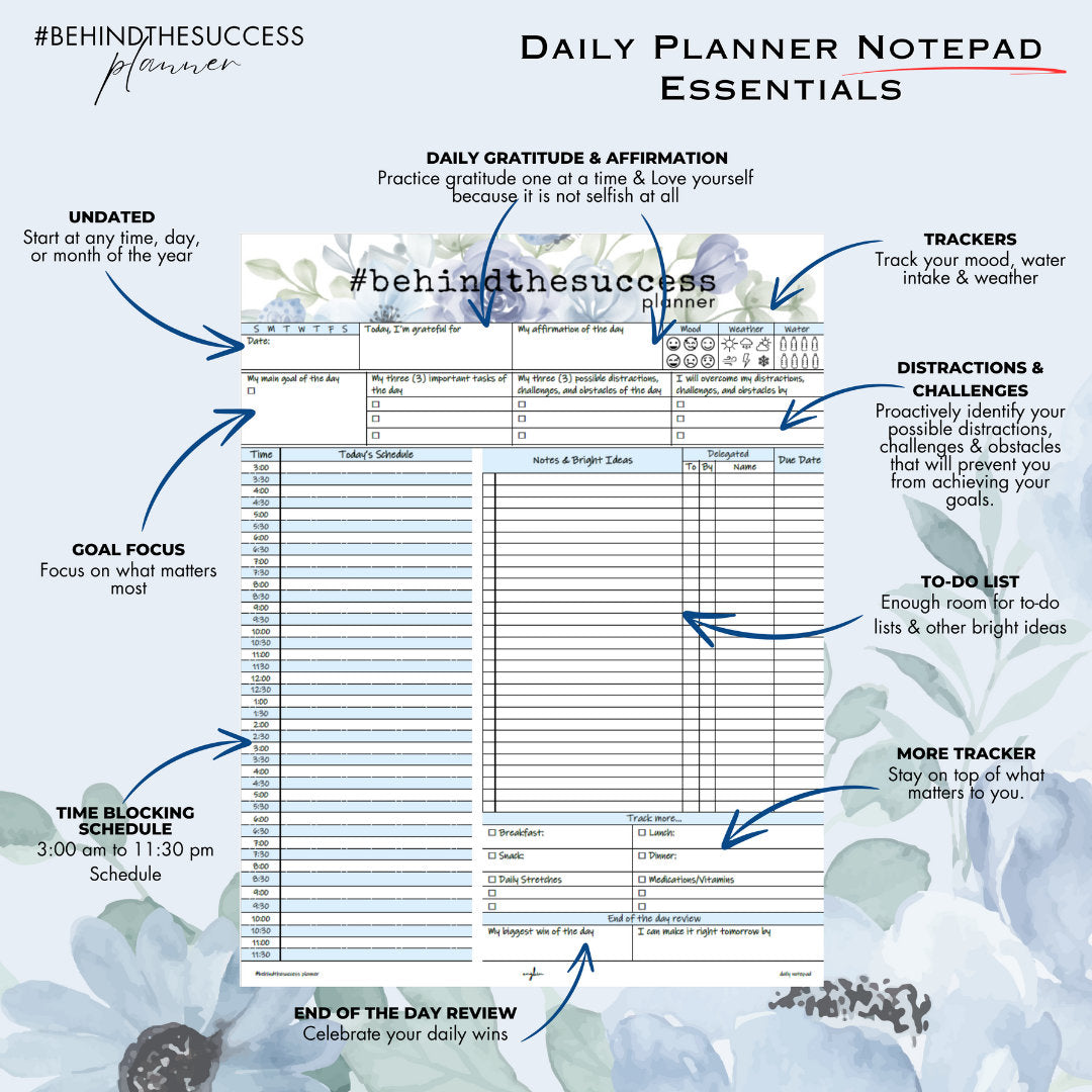 Undated daily planner notepad with sections for gratitude, time blocking, notes, trackers, and to-do lists.