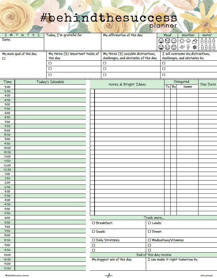 Undated daily productivity planner page with schedule, gratitude, goals, and habit tracker sections.