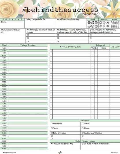 Undated daily productivity planner page with schedule, gratitude, goals, and habit tracker sections.