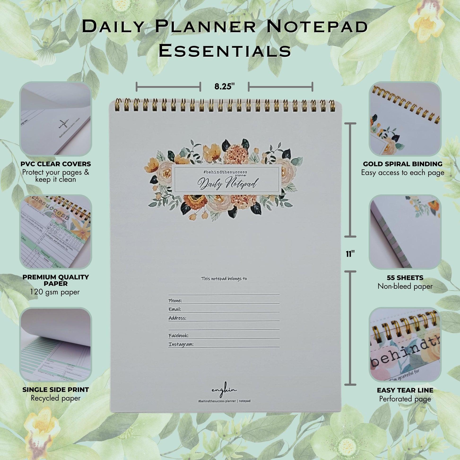 Undated daily planner notepad with floral cover, gold spiral binding, 120gsm paper, and PVC clear cover.