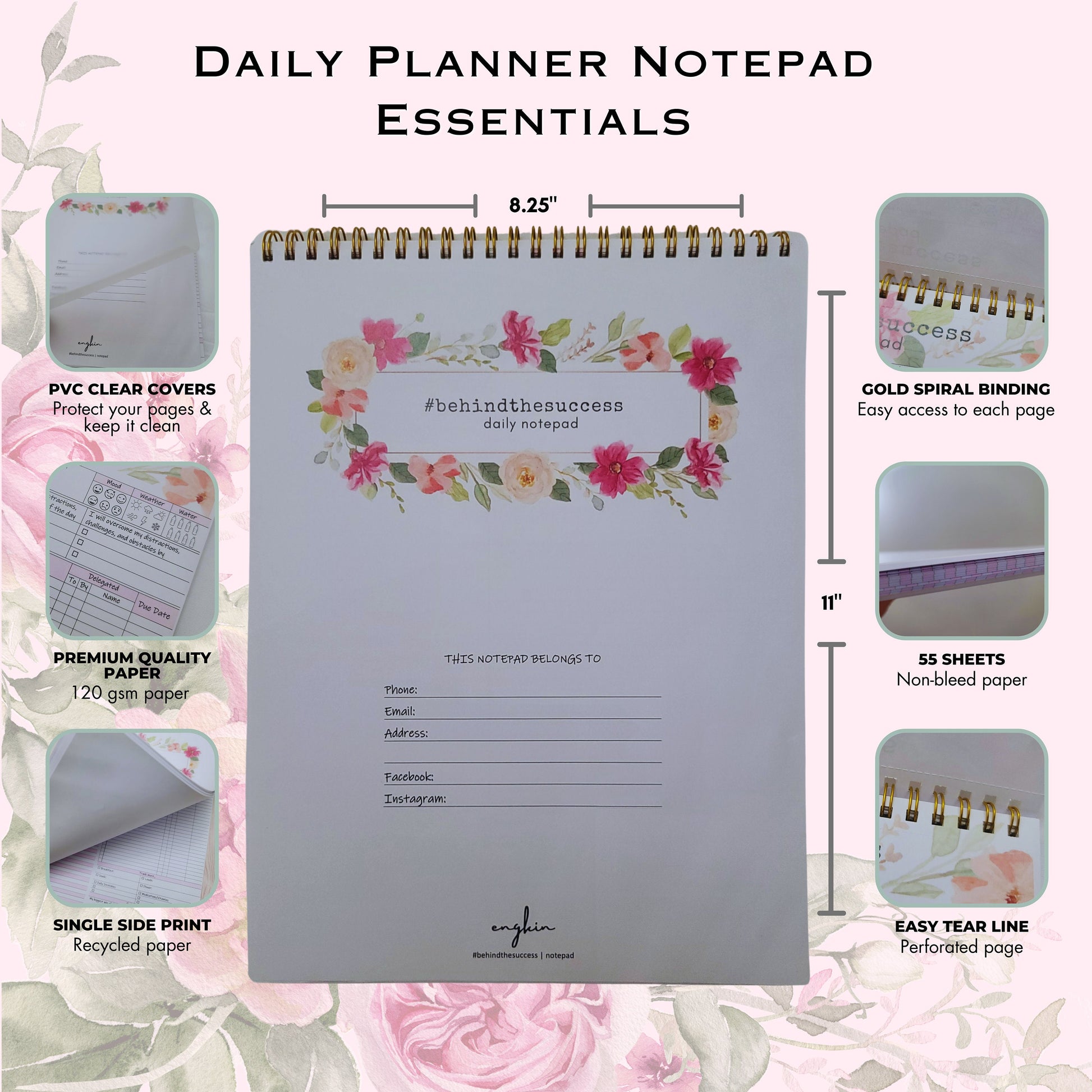 Floral daily planner notepad with gold spiral binding, PVC cover, 8.25 by 11 inch size, 55 sheets, and premium paper.