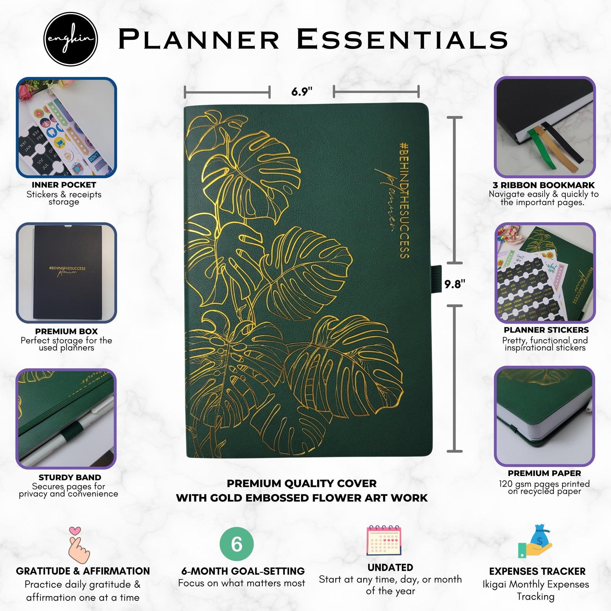Undated productivity planner with green cover, gold embossed floral design, and feature highlights.