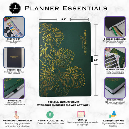 Undated productivity planner with green cover, gold embossed floral design, and feature highlights.