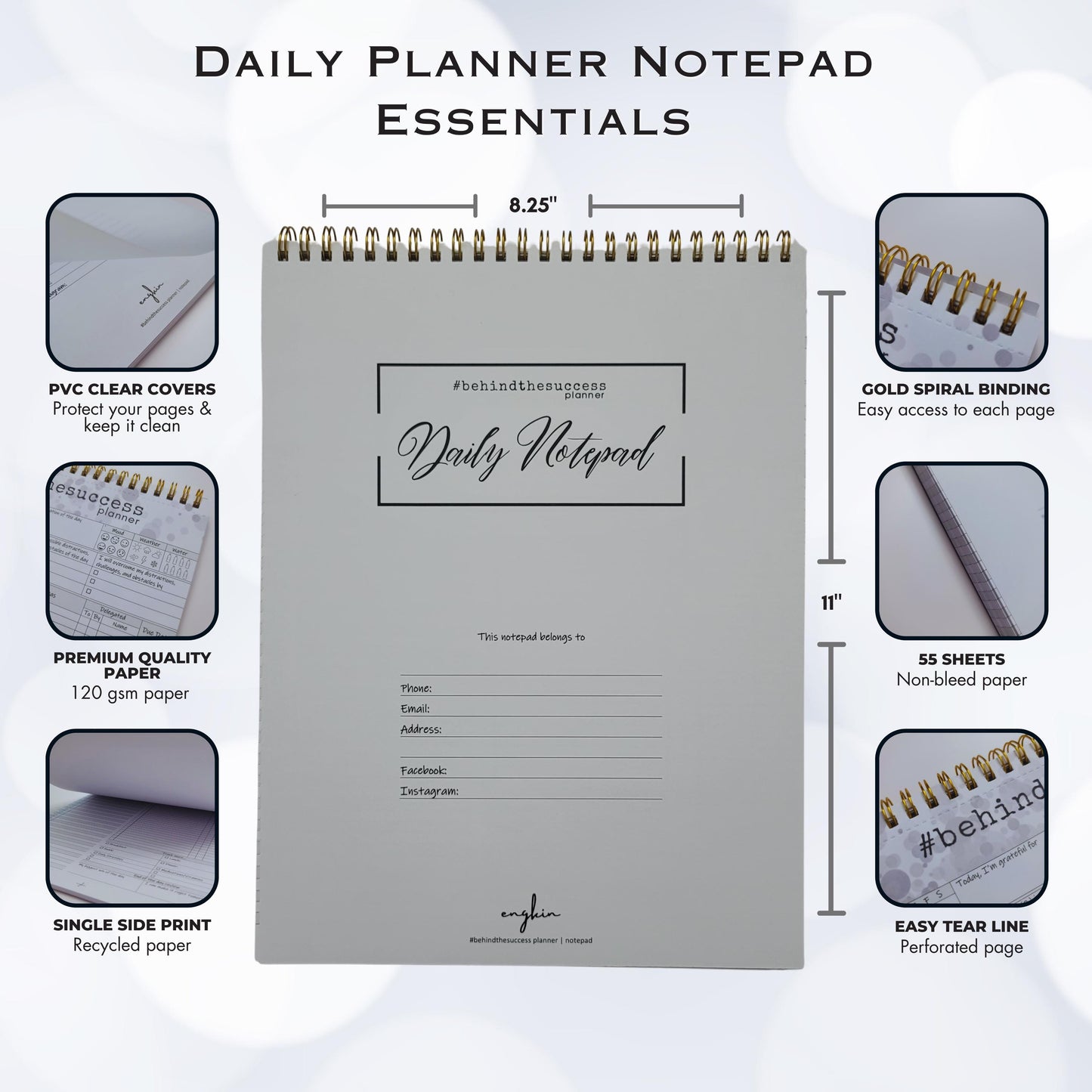 Daily planner notepad with gold spiral binding, PVC cover, and premium single-sided paper.