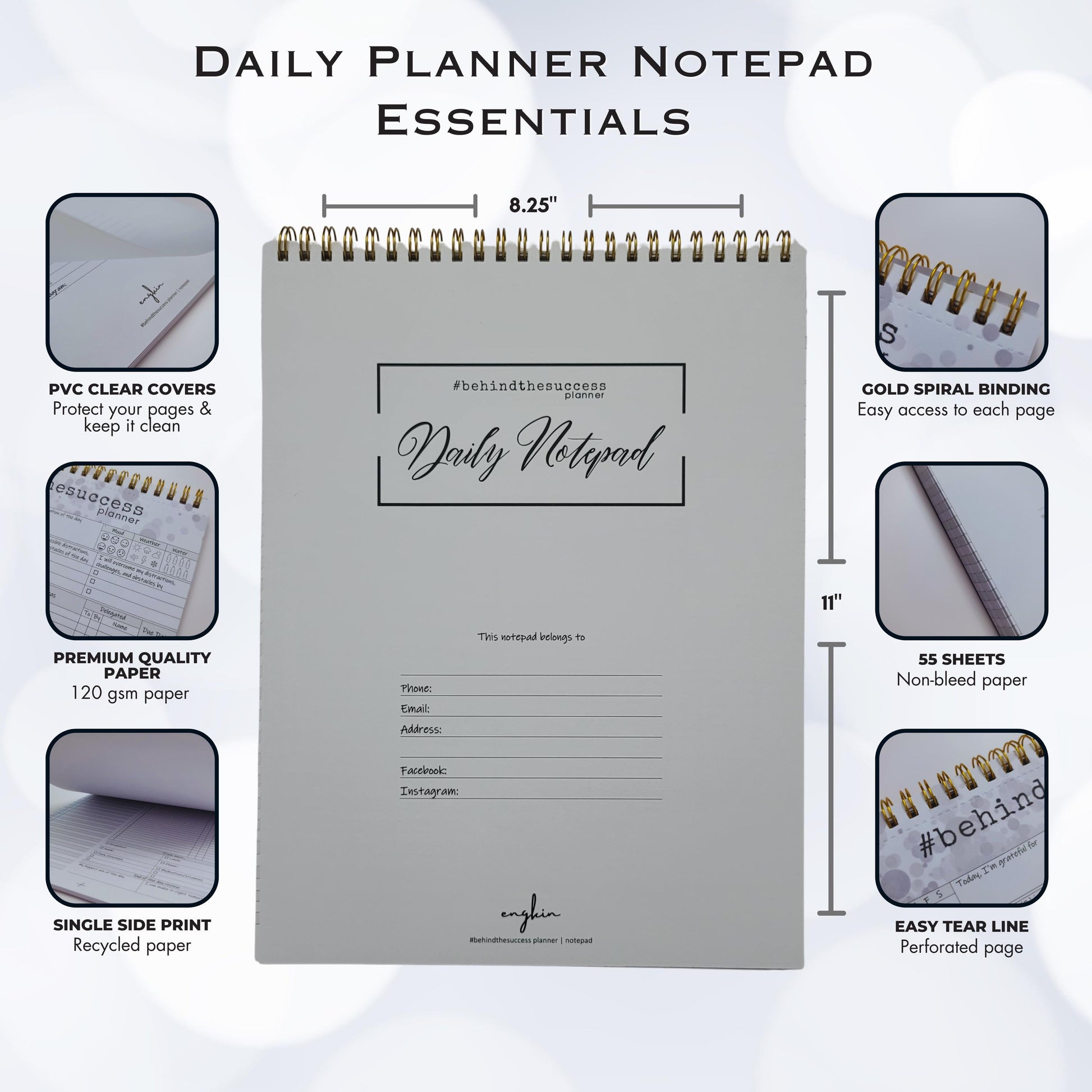 Daily planner notepad with gold spiral binding, PVC cover, and premium single-sided paper.