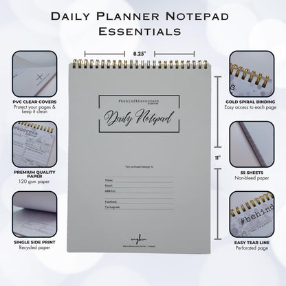 Daily planner notepad with gold spiral binding, PVC cover, and premium single-sided paper.