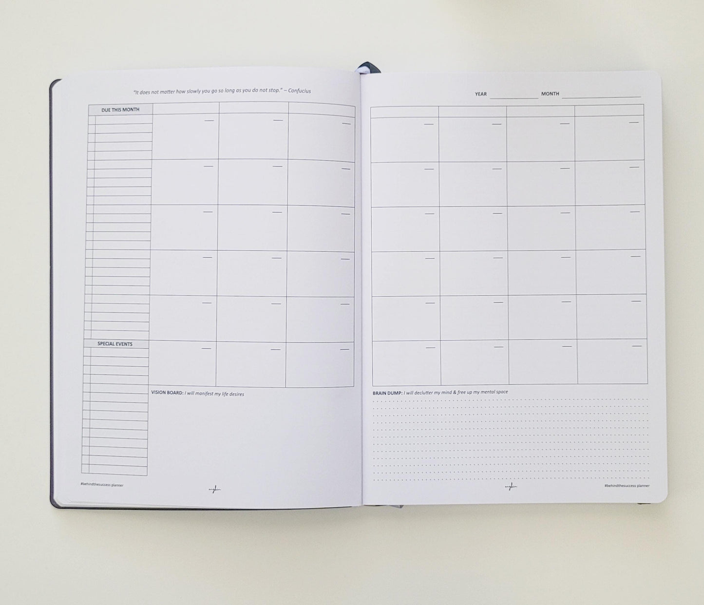 Open undated productivity planner showing monthly calendar, special events, and notes sections.