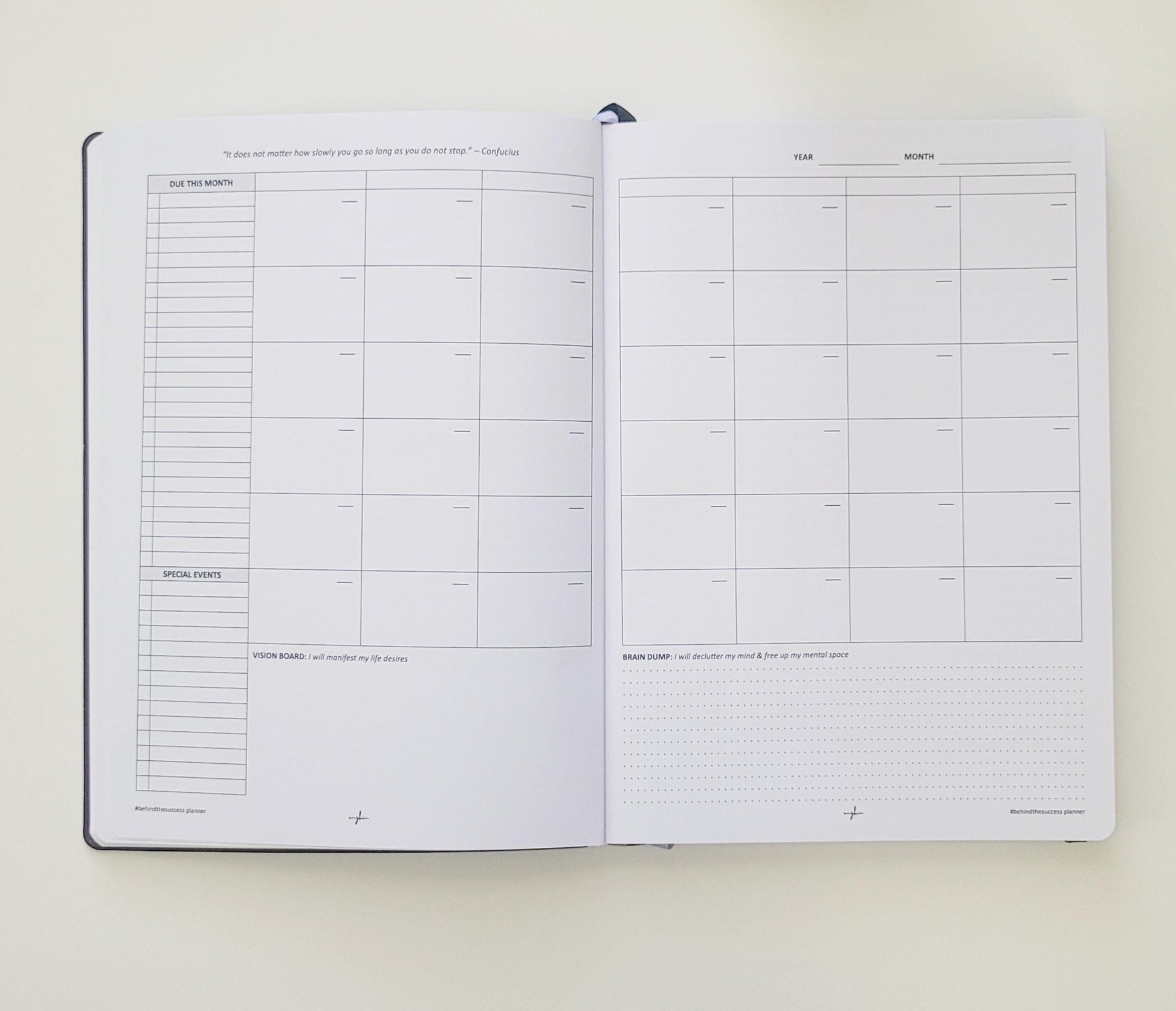 Open undated productivity planner showing monthly calendar, special events, and notes sections.