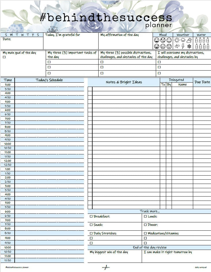 Daily productivity planner page with schedule, tasks, goal setting, gratitude, and habit tracker sections.