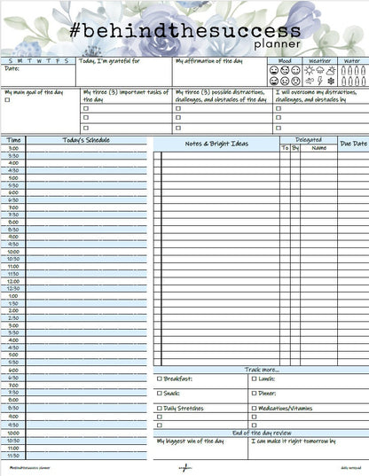 Daily productivity planner page with schedule, tasks, goal setting, gratitude, and habit tracker sections.