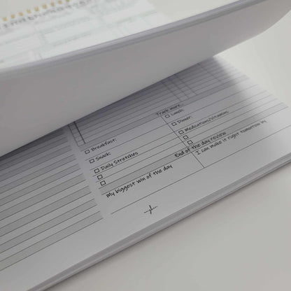Open undated productivity planner showing daily tracking and review sections