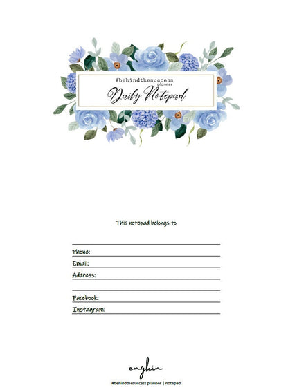 Daily notepad planner with blue floral design, personal info fields for phone, email, address.