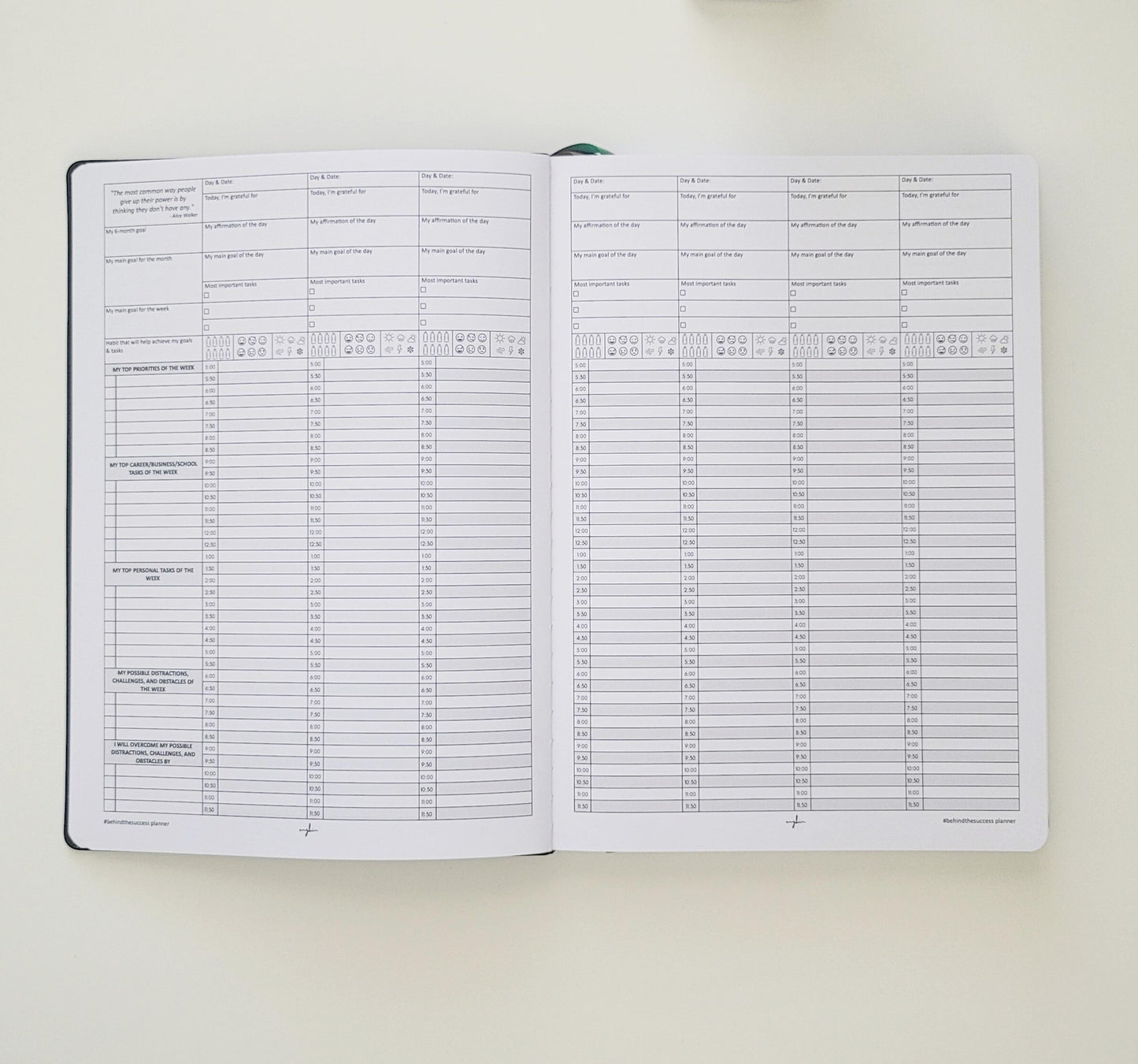 Open undated productivity planner with daily and weekly schedule, gratitude and goal sections