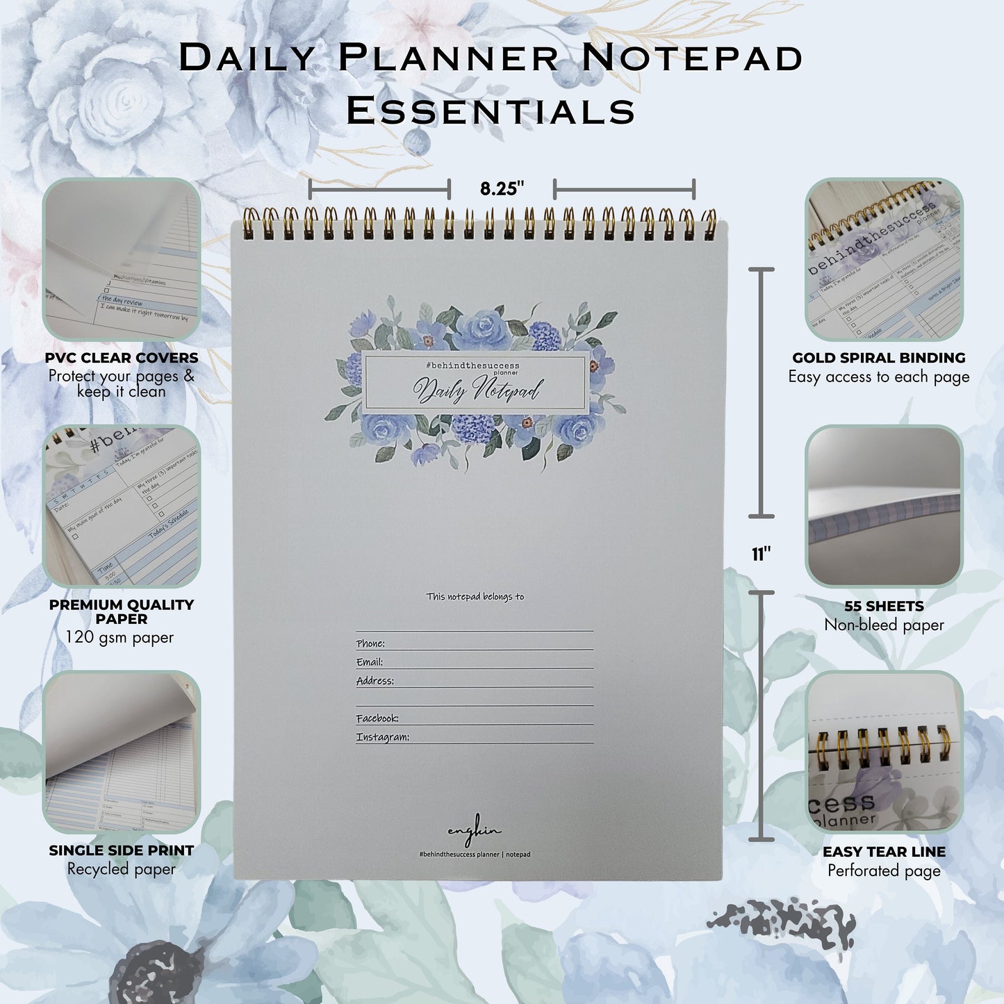Daily planner notepad with gold spiral binding, floral cover, PVC cover, and essential features.