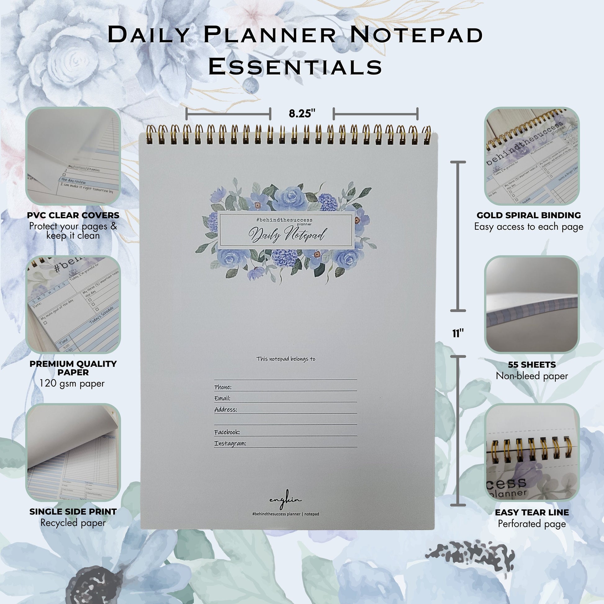 Daily planner notepad with gold spiral binding, floral cover, PVC cover, and essential features.