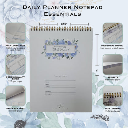Daily planner notepad with gold spiral binding, floral cover, PVC cover, and essential features.
