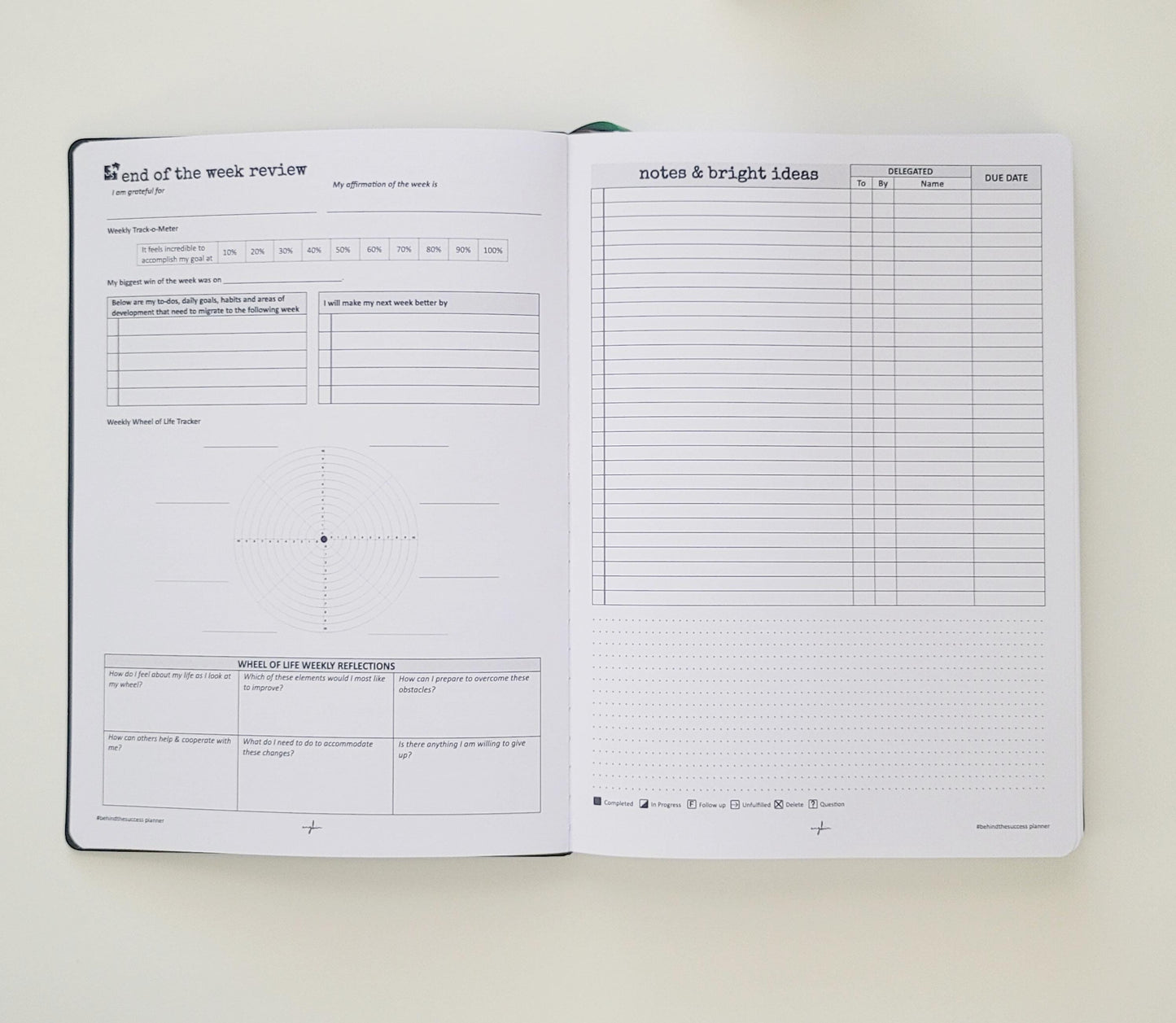 Open undated life planner displaying end of week review and notes pages with tracking sections.