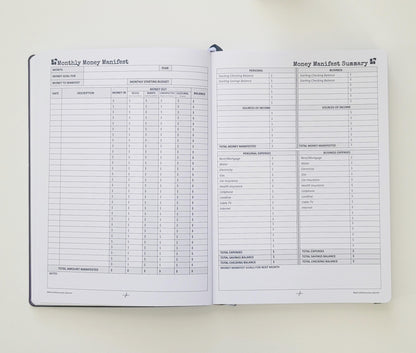 Open planner showing monthly money manifest and expenses summary worksheets for budgeting.