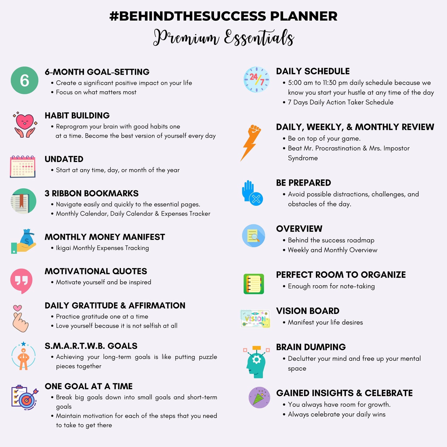 Behind the Success Planner premium essentials overview with goal-setting, habit tracking, gratitude, and productivity features listed on illustrated infographic.