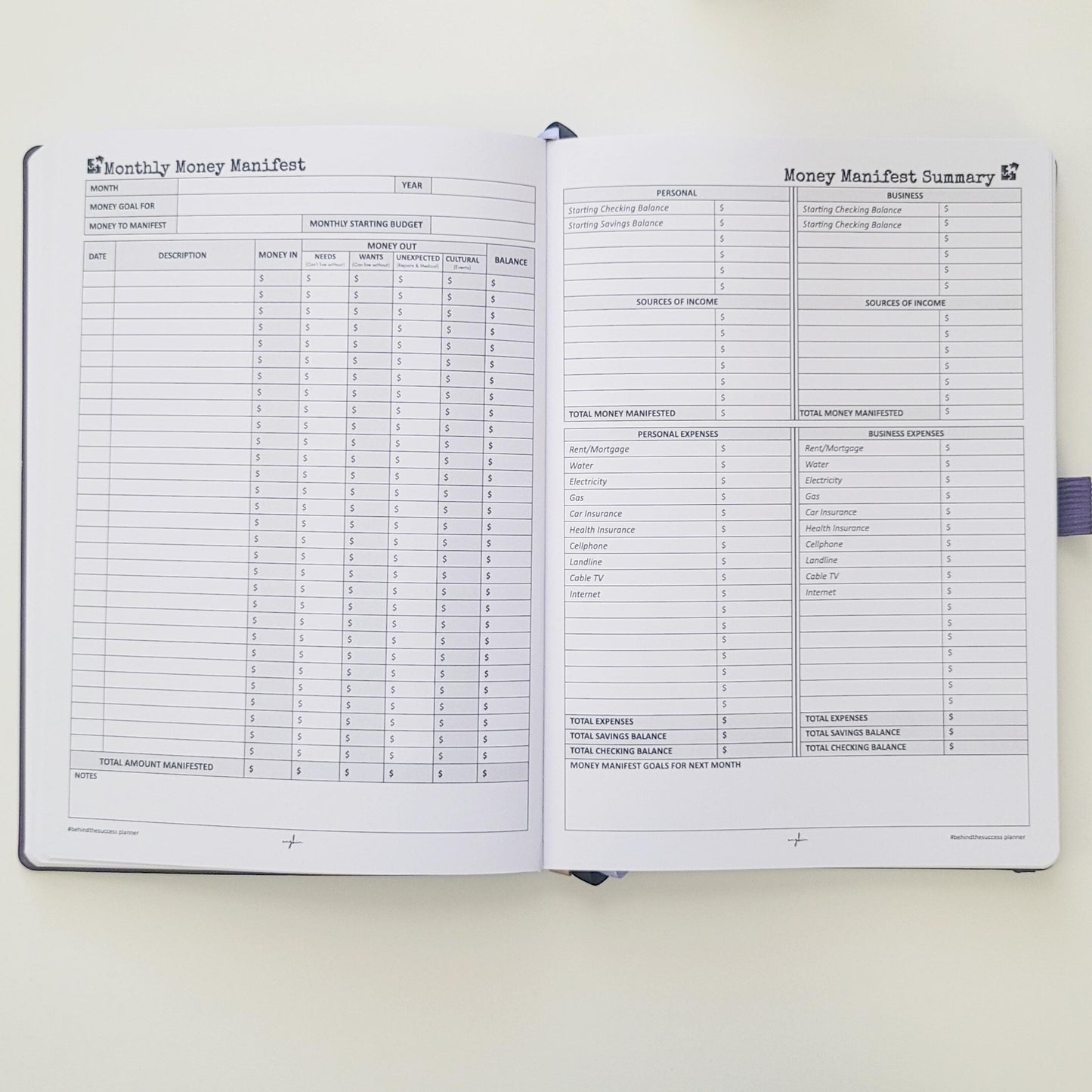Open financial planner showing monthly money manifest and summary budget tracking pages