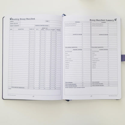 Open financial planner showing monthly money manifest and summary budget tracking pages