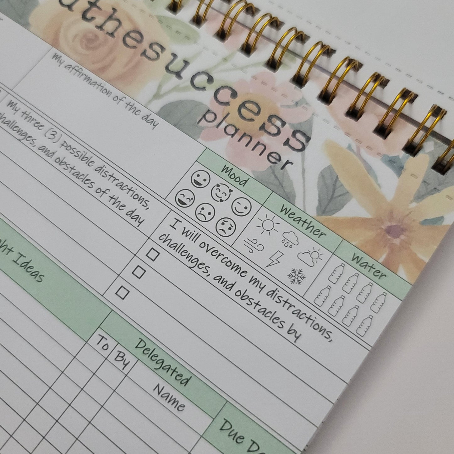 Undated productivity planner page with mood, weather, water tracker and floral design
