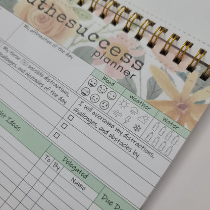 Undated productivity planner page with mood, weather, water tracker and floral design