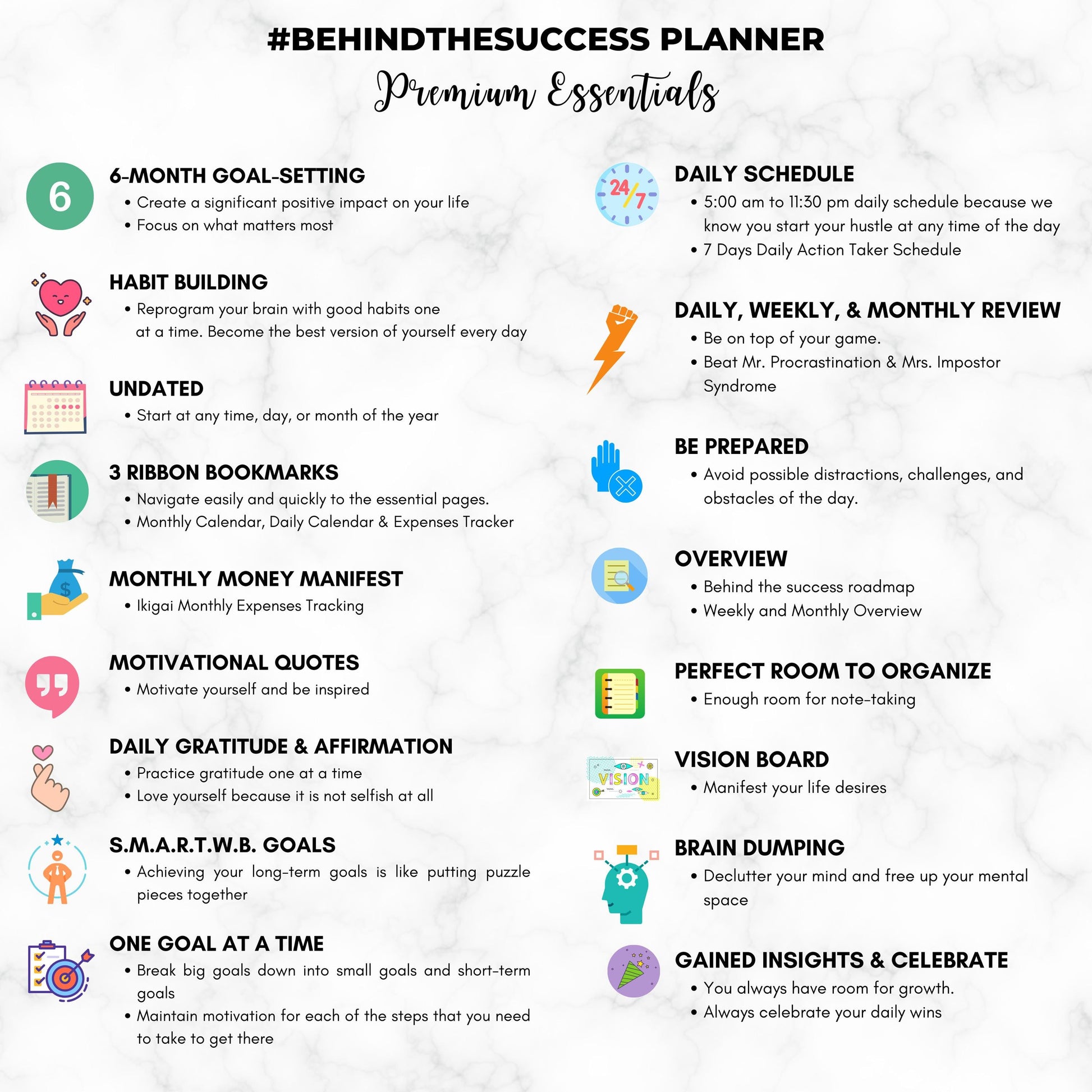 Behind the Success Planner premium essentials overview with features like goal-setting, daily schedule, productivity tools, and motivational quotes on a marble background.