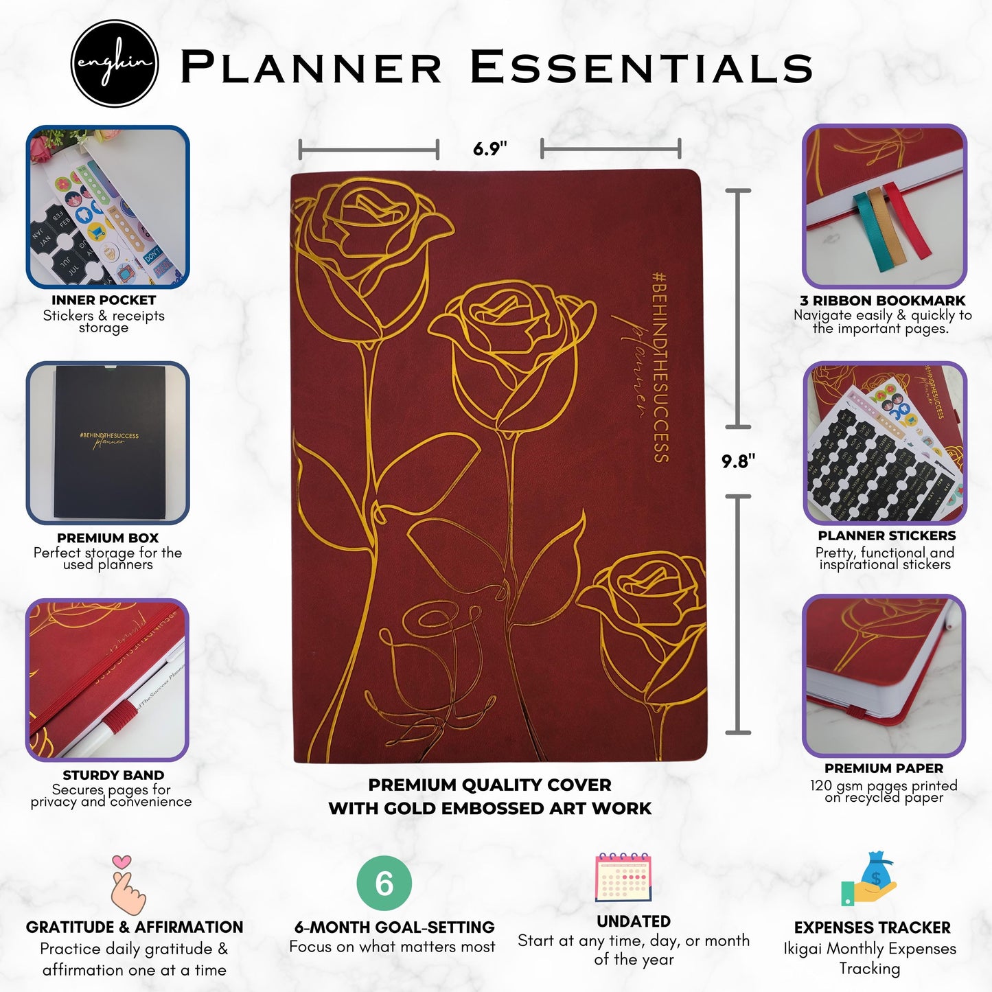 Undated productivity planner with gold embossed floral cover, stickers, bookmarks, and inner pocket.