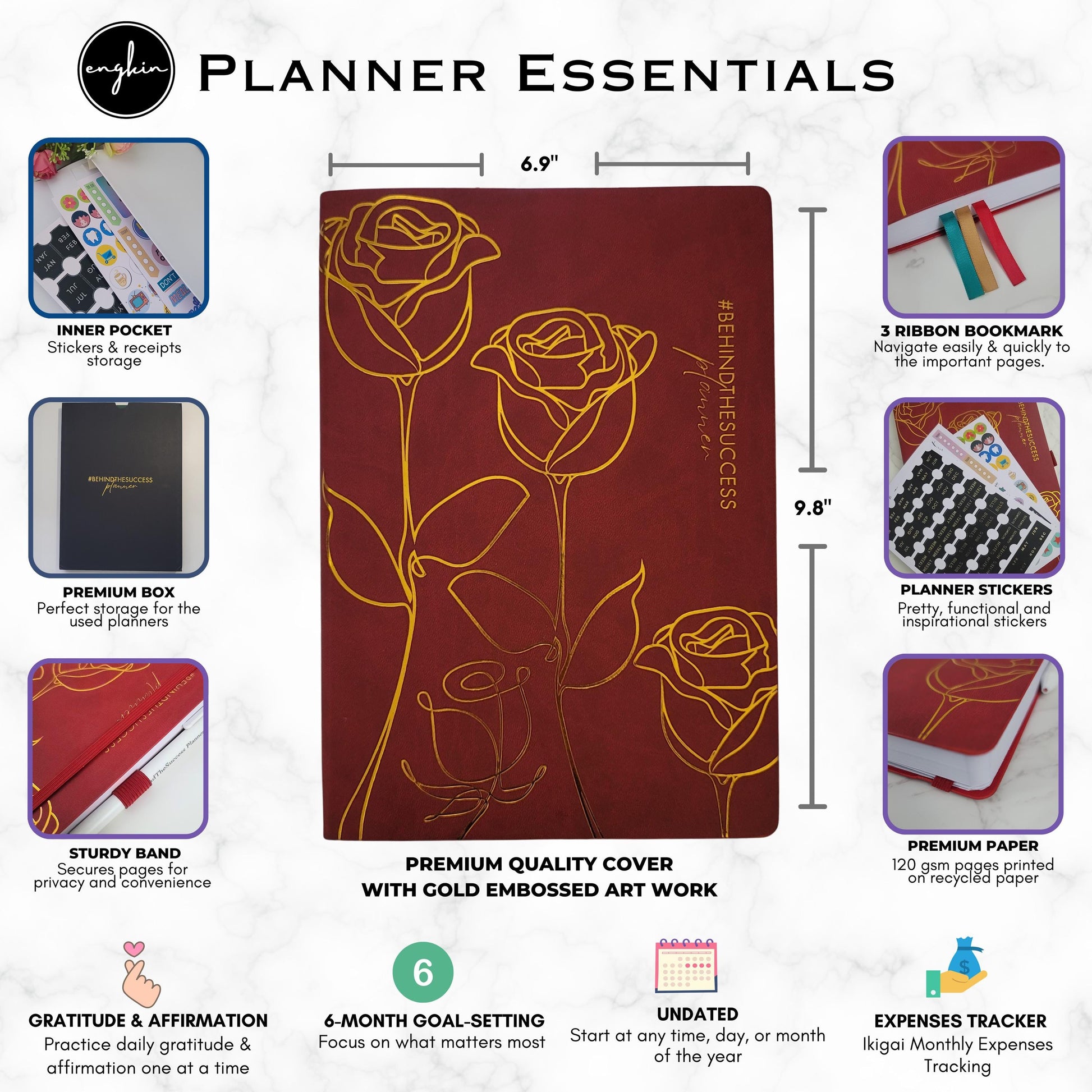 Undated productivity planner with gold embossed floral cover, stickers, bookmarks, and inner pocket.