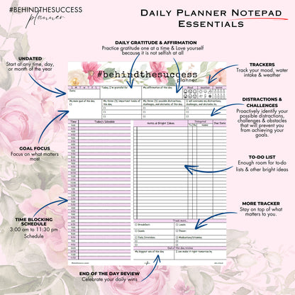 Daily planner notepad essentials with floral background, undated schedule, gratitude, goal focus, trackers, to-do list, and end of day review sections.