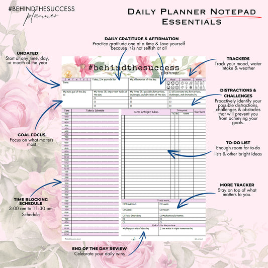 Daily planner notepad essentials with floral background, undated schedule, gratitude, goal focus, trackers, to-do list, and end of day review sections.