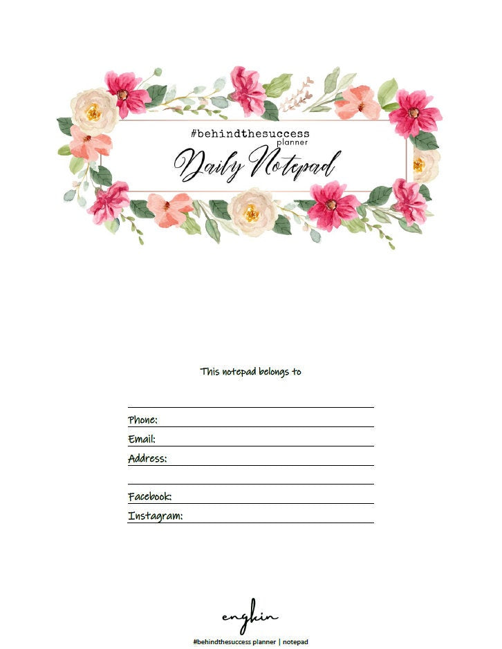 Floral daily notepad planner with contact information fields and motivational design