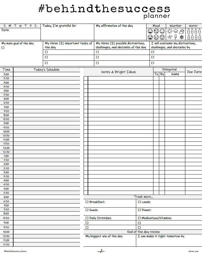 Undated daily productivity planner page with schedule, gratitude, goal setting, and notes sections.
