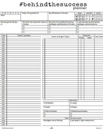 Undated daily productivity planner page with schedule, gratitude, goal setting, and notes sections.
