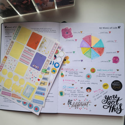 Open life planner with colorful wheel of life chart, motivational stickers, and planner sheet